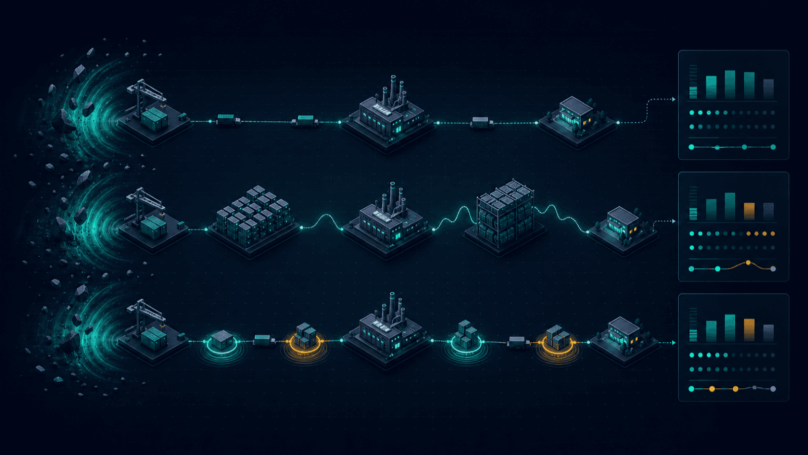 Three supply corridors compare a lean continuous flow, a dense reserve inventory field, and strategically positioned demand-driven buffer nodes.